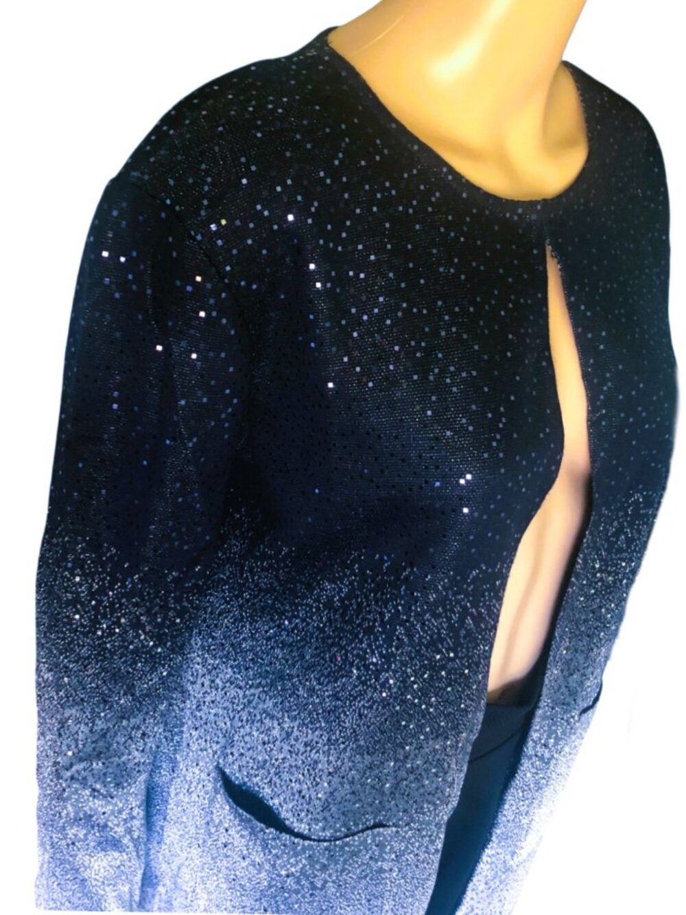 ST JOHN Navy Sparkle Silver Ombré Knit Cardigan Evening Glamour Jacket Luxe Sz L - Picture 4 of 8